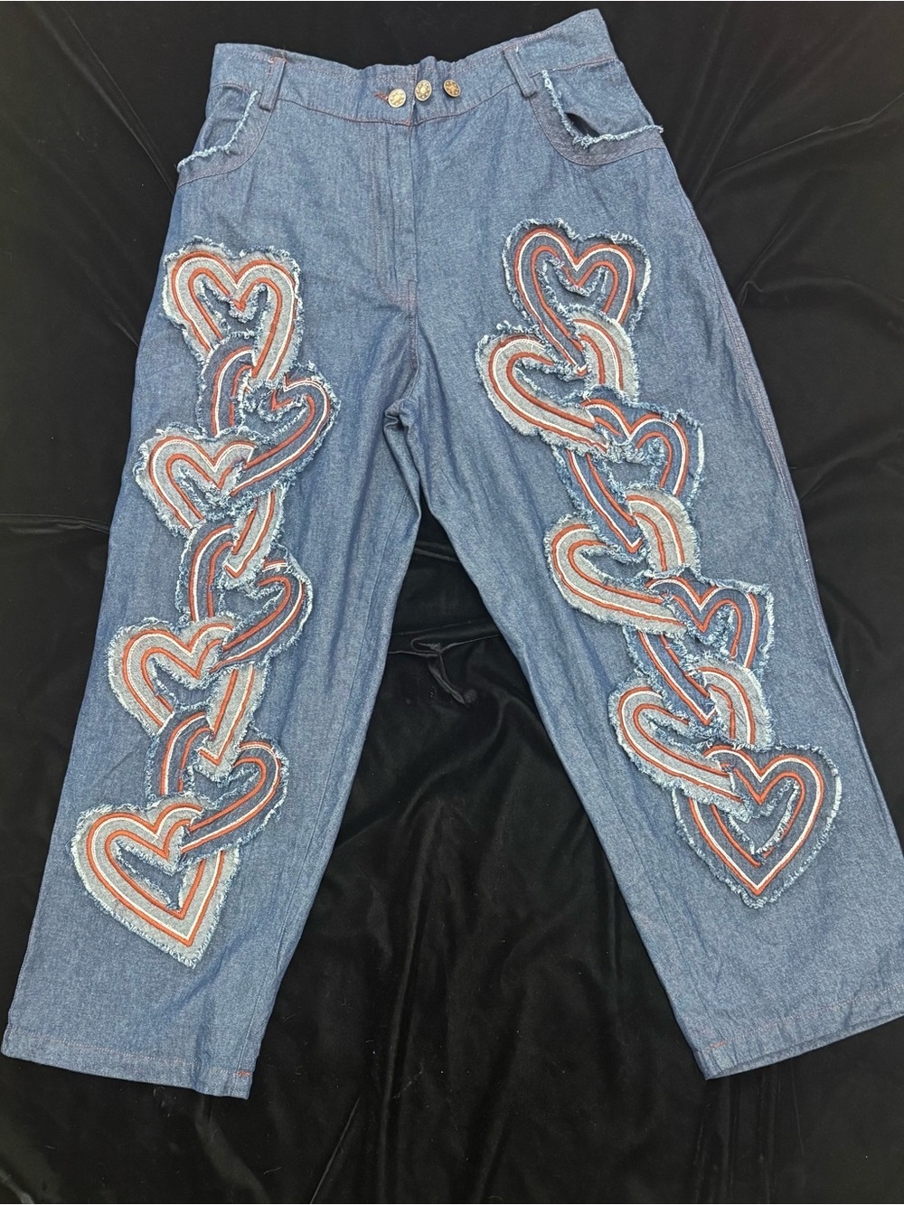 Cropped Denim Pants with Layered Heart Appliqués - Blue